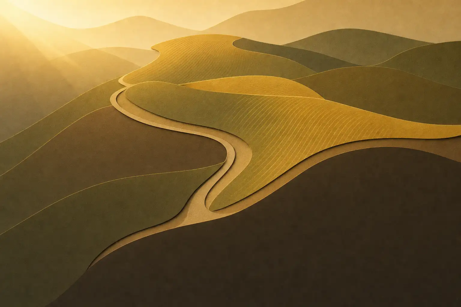 Paper-cut illustration of hillsides crossed by a path, in low sunlight