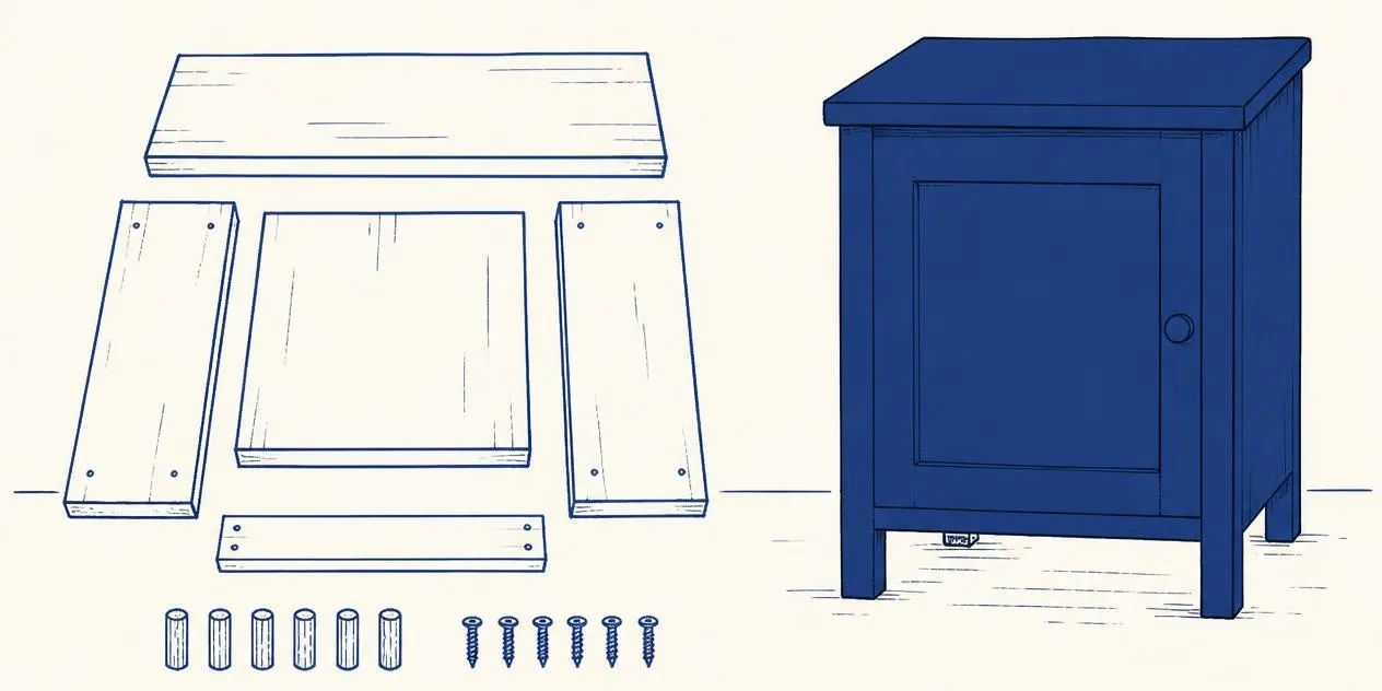 Boards, dowels and screws laid flat, and beside them the same wood assembled into a small blue piece of furniture.