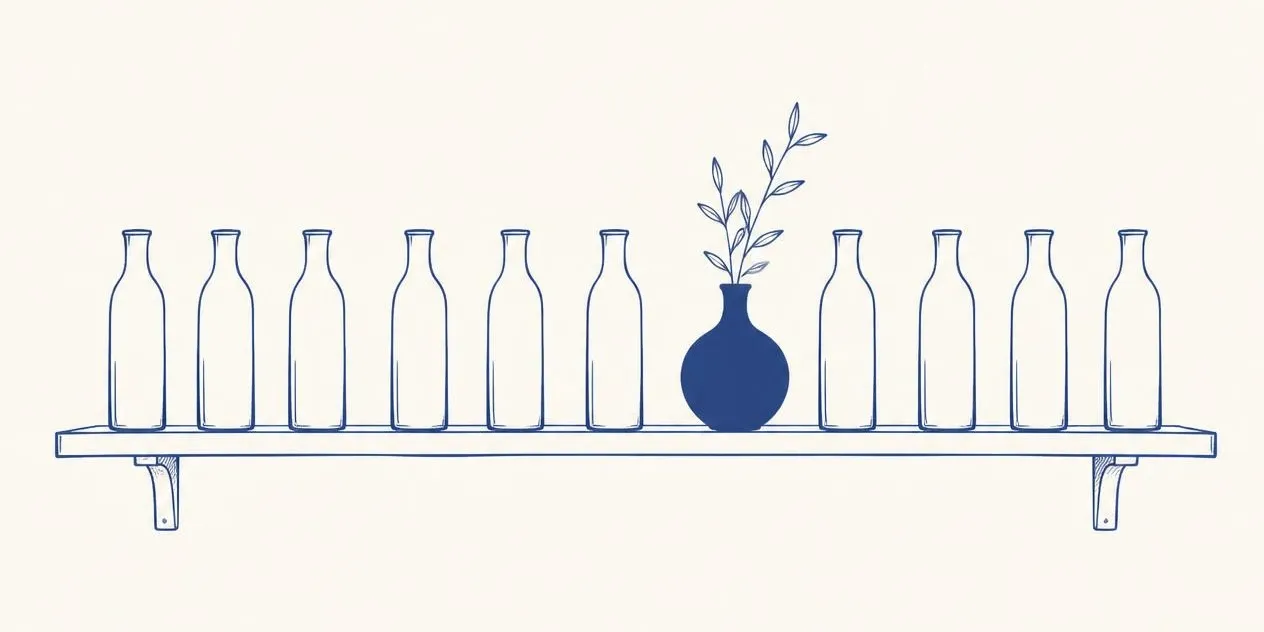 A shelf of identical bottles, and among them a blue vase of a different shape.
