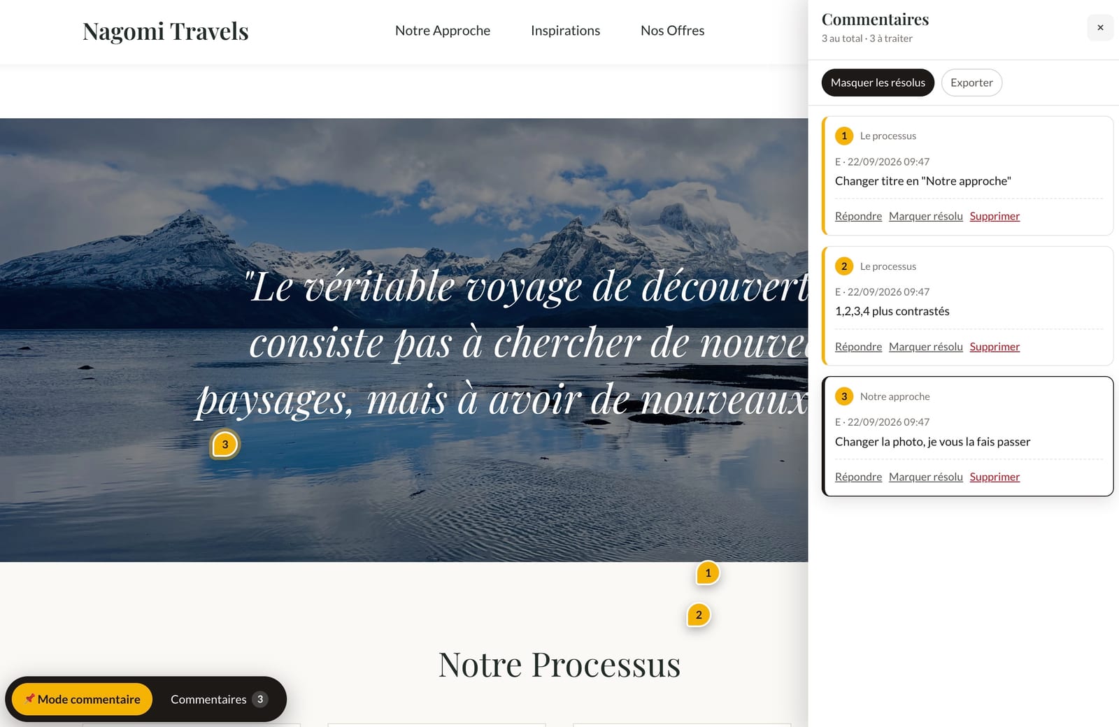 Screenshot of the Nagomi Travels website in comment mode: numbered markers placed on the page, with the client's feedback panel open on the right.
