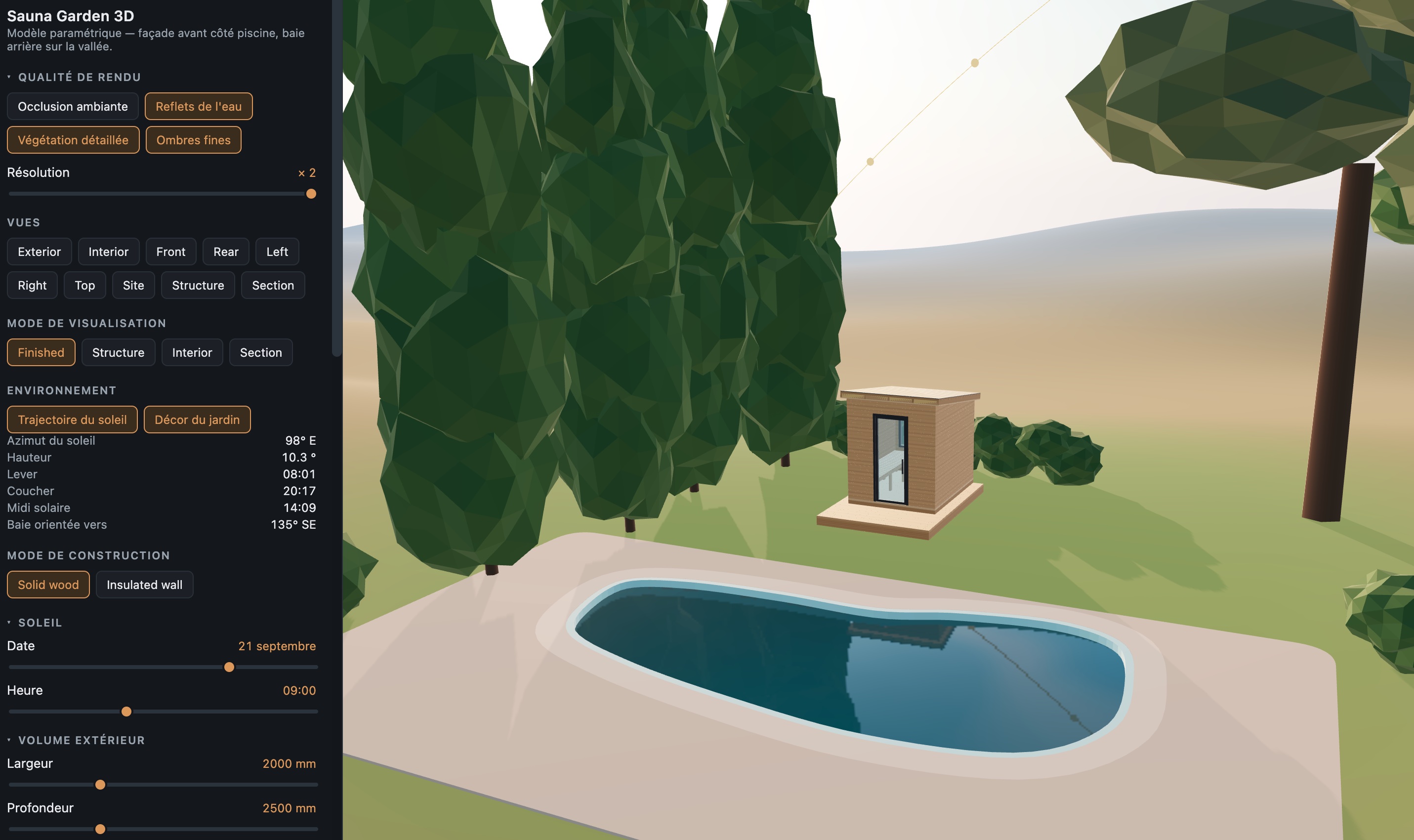 Screenshot of the Sauna Garden 3D configurator, showing a garden sauna in its setting.